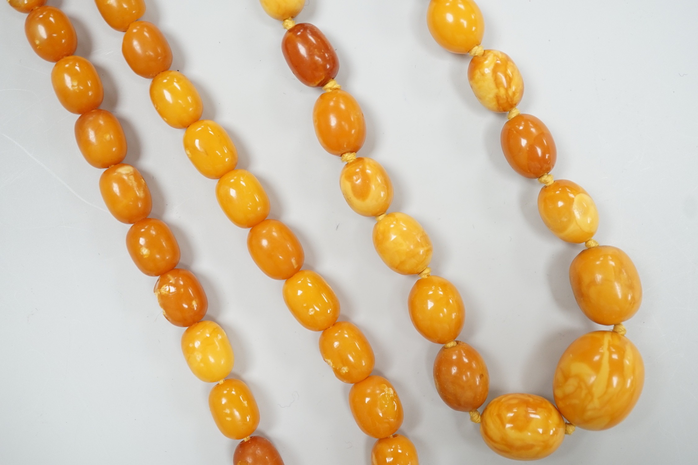 Two single strand graduated oval amber bead necklaces, one a.f., longest 43cm, gross weight 38 grams.